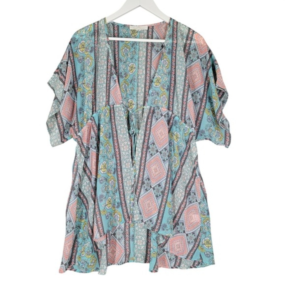 Francesca's Kimono Wrap‎ Top Women M/L Turquoise Floral Boho Festival